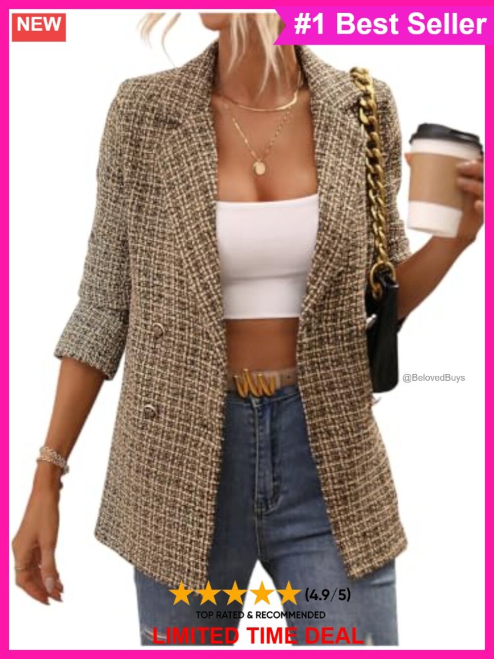 Tweed Blazer Long Sleeve Double Breasted Business Casual Work Suit Jacket